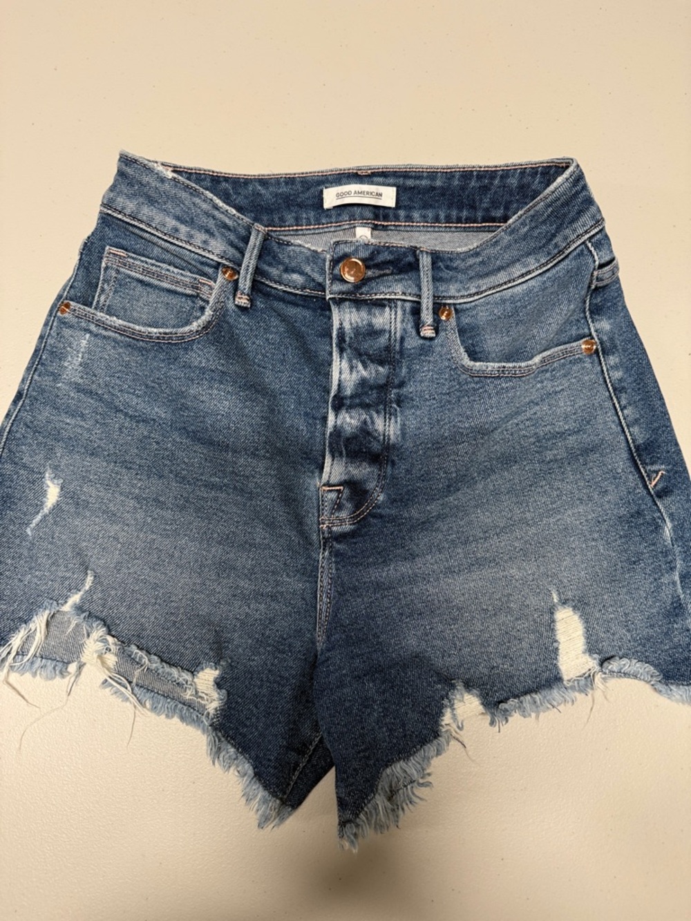 Good American Blue Distressed High-Waist Jean Shorts